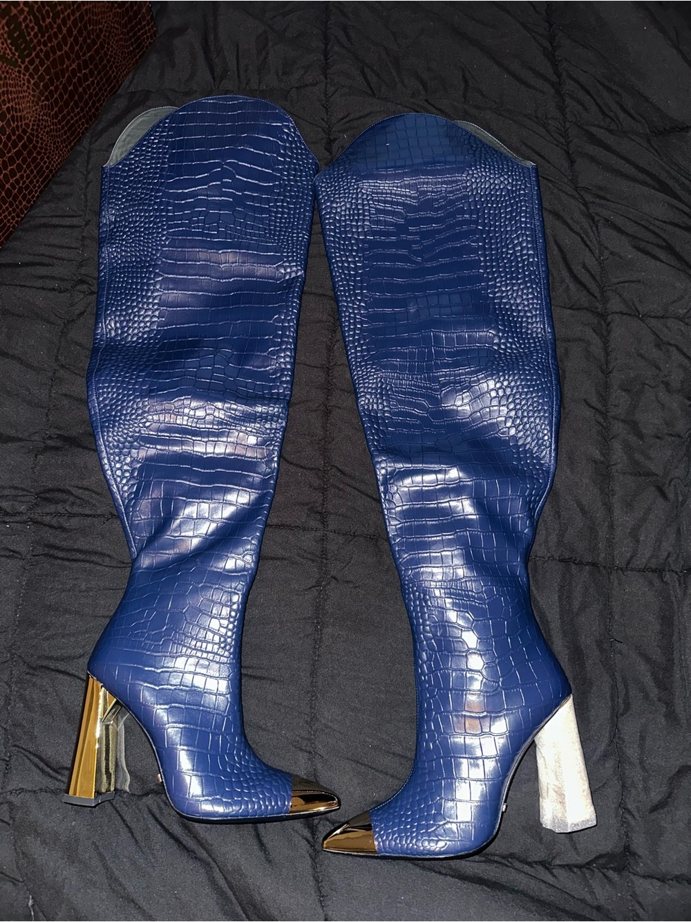 Jennifer Le Blue Croc-Embossed Knee Boots with Gold Heel